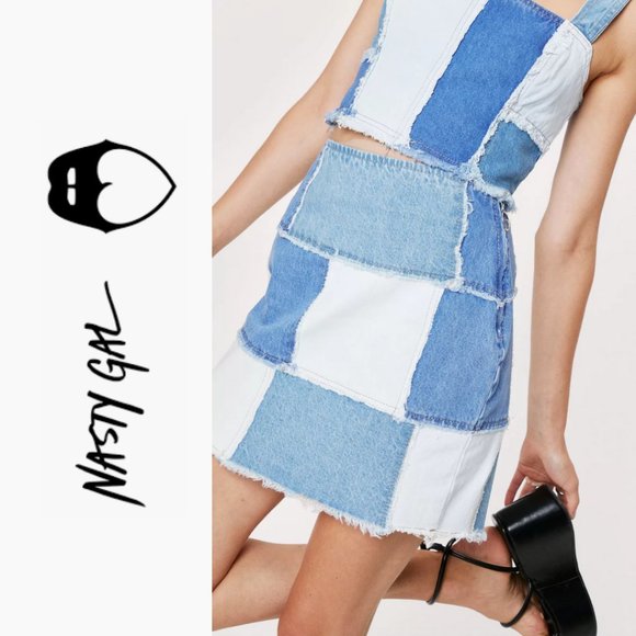 NWT Square Neck Patchwork Denim Mini Skirt 6 - Picture 3 of 13